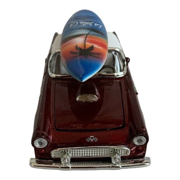 1955 Ford Thunderbird Burgundy Red Die-Cast Model with La Jolla Surfboard Rare - Picture 2 of 5
